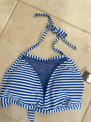 Novo Maiô Feminino Biquíni Tankini Top D DD CUP Azul Branco Listrado Malha Halter - Imagem 1 de 2