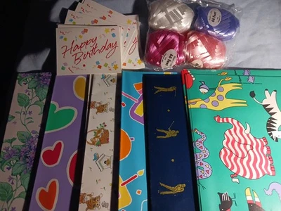 VTG Wrapping Paper  Of 12 Sheets 24 × 30  Birthday Cards + Envelopes  + Ribbon - Image 1 of 4