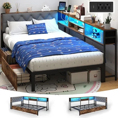 Corner Twin Bed Frame with Storage Bookcase and LED Lights with Charging Station - Image 1 of 4