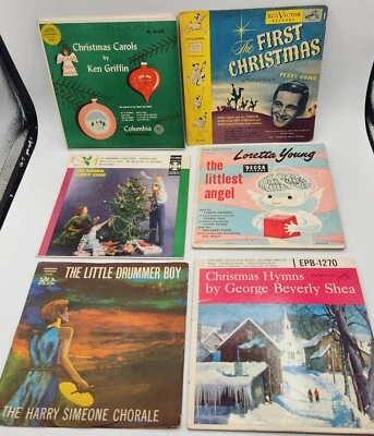 6 45 rpm records Christmas W/sleeves Drummer Boy Hymns Loretta Young Perry Como  - Image 1 of 4