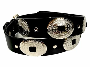 Concho Belt  Genuine Leather Black Belt Punk Goth Rock Thrash Conch Maddelion  - Picture 1 of 6