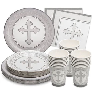 Gray Cross Baptism Plates And Napkins Set Of 24 First Holy Communion Party Suppl - Picture 1 of 5
