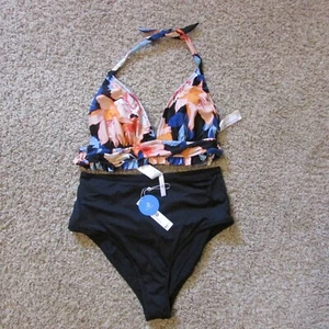 Reggiseno nuovo con etichette Cupshe grande nero pesca floreale imbottitura vita alta bikini - Foto 1 di 2