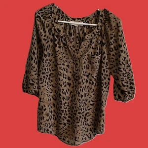 ANN TAYLOR LOFT Womens Blouse SMALL Brown Black Leopard Print PULLOVER Pocket - Picture 1 of 10