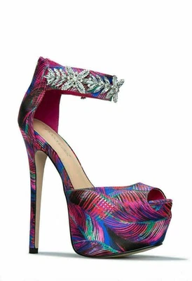 Jasmyn de SHOEDAZZLE, Fucsia/azul floral punta abierta 6,25" tacones de aguja, talla 7,5 Foto 1 de 4