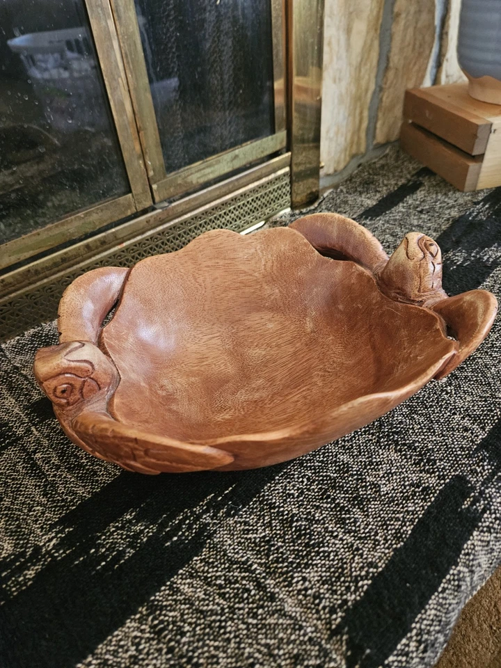 Madera de caoba tallada a mano náutica tortuga marina fruta nuez caramelo cuenco arte de cocina Foto 1 de 4