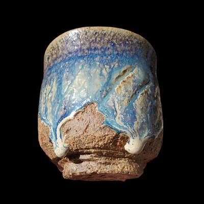 Japanese Style Yuni Footed Cup Drippy Ceramic Pottery ART signed Rustic 8 Oz - Image 1 of 4