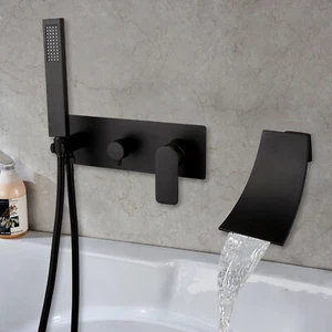 2-Way Black Bathroom Tub And Rainfall Shower Head Faucet Set Mixer Wall Mounted - Picture 1 of 12