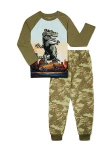 DINOSAUR BOYS PAJAMAS LONG SLEEVE 2 PIECE SIZE XL 14/15 GREEN GLOW IN DARK - Picture 1 of 6