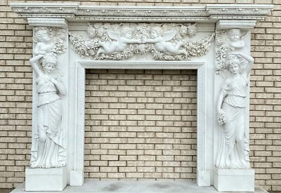 Magnífico manto de chimenea de mármol italiano tallado a mano grande ángeles querubines Foto 1 de 4