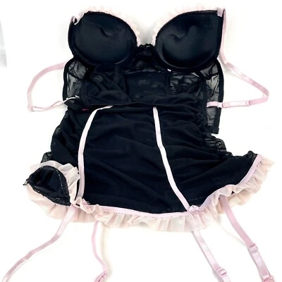 Vestido camisón Hot Kiss Intimates negro acanalado rosa liga quimise talla M Foto 1 de 4