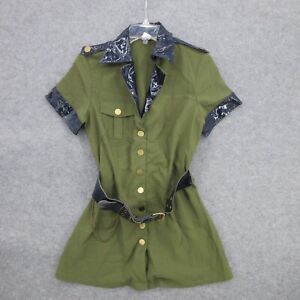 Dreamgirl Dress Large Belted Collared Army Green Short Sleeve Button Closure