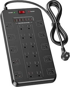 Tira de alimentación protectora contra sobretensiones con 22 tomas 6 puertos USB (2 USB C), 1875W/15A,... - Imagen 1 de 8