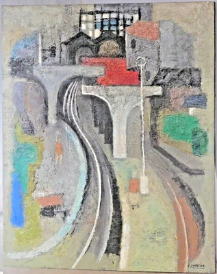 Vintage Modern Abstract Cubist Painting Paris Train Station Alex C Chartier 1936 - Image 1 of 4