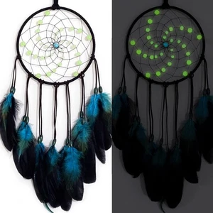 Handmade Blue Dream Catcher Glow In Dark Beads With Natural Feathers - Picture 1 of 7