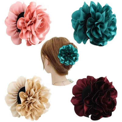 4 Pack Black Plastic Hair Claws Clips with Big Large Solid Satin Flower Rose ... - Image 1 of 4