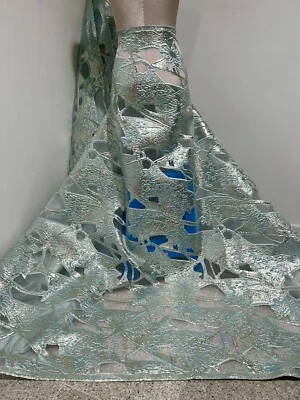 Blue Gold Metallic Brocade Organza Fabric 58” Width Sold By The Yard - Image 1 of 4