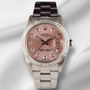 Rolex Date 34mm Ladies 1.5ct Pink Diamond Dial Steel Oyster Watch 15000 - Picture 1 of 11
