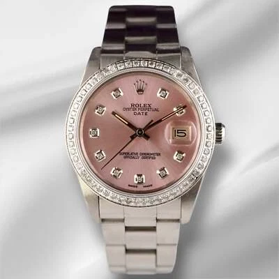 Rolex Date 34 mm Damas 1.5ct Rosa Diamante Dial Acero Oyster Reloj 15000 Foto 1 de 4