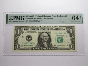 $1 2003 Near Solid Serial Number Federal Reserve Bank Note Bill UNC64 #55557555 - Picture 1 of 3