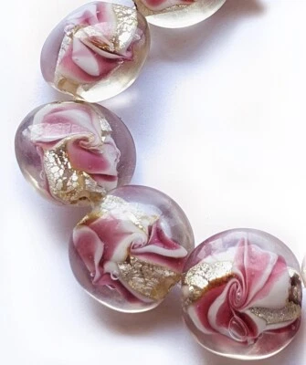 4 cuentas de vidrio de murano hechas a mano lámina de plata rosa 19 mm lenteja 4 cuentas (#a66) Foto 1 de 2