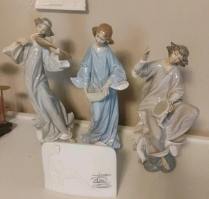LLADRO Angel with Tambourine 1320 Angel Sitting on Rock Spain Set of 3 & Plaque - Picture 1 of 14