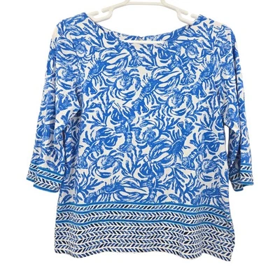 Женская блузка Lilly Pulitzer с принтом в виде краба хлопок вырез лодочка синяя XL - Изображение 1 из 4