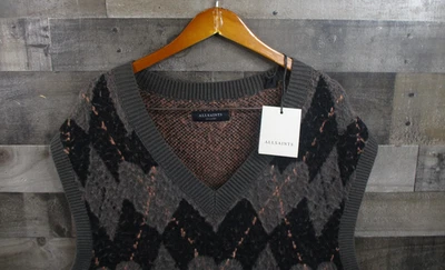 AllSaints Suéter Chaleco Para Hombres 2XL Caqui Verde Adore Tanque Argyle Tejido Pullover Foto 1 de 4