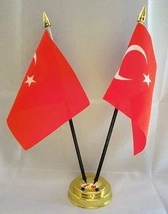 TURKEY X2 TABLE FLAG SET 2 flags plus GOLDEN BASE TURKISH - Picture 1 of 1