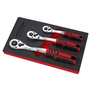 3PC  RATCHET 1/4 - 3/8 - 1/2 DRIVE 90T REVERSIBLE QUICK RELEASE CURVED SOFT GRIP - Picture 1 of 4