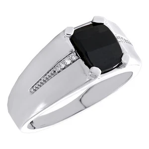 10K White Gold Round Diamond Cushion Cut Black Onyx 10mm Pinky Ring Band 1/20 CT - Picture 1 of 5