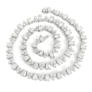 Emerald Cut Diamond Cluster Tennis Statement Necklace Platinum, 30.30 CTW - Picture 1 of 6