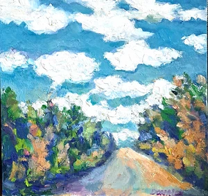 Oil Painting Landscape Mountains Trees Clouds Road New Mexico Original - Donalee - Picture 1 of 3
