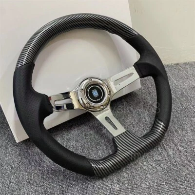 JDM Car Styling Wooden Steering Wheel Classic D Shape Design Carbon Look 340MM - Image 1 of 4