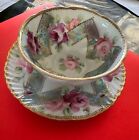 Antique Unsigned Hand Painted Nippon Tea Cup And Saucer Pink,Purple Teal & Gold.