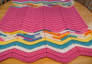 CROCHET HOT PINK BRIGHTS MULTI BABY BLANKET RIC RAC ZIG ZAG HANDMADE CROCHET - Picture 1 of 4