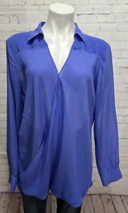 Violet Claire Blouse Sheer Blue Long Sleeve V Neck Collared Size XL Cross Front - Picture 1 of 7