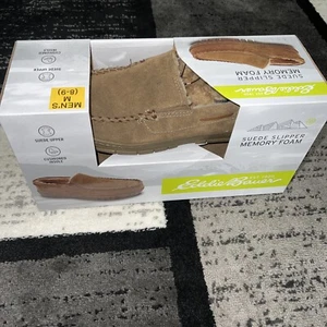 Eddie Bauer Suede Leather Slippers Medium 8-9 Memory Foam Fleece Lined Tan Mens - Picture 1 of 5