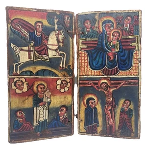 Antique ETHIOPIAN Orthodox Coptic Hand Carved Wood Icon From Aksum Hand Painted - Picture 1 of 7