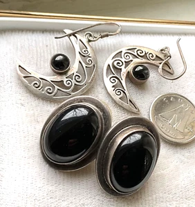 Vintage Pairs STERLING EARRING Taxco ONYX STUDS, FILIGREE CRESCENTS Pierced - Picture 1 of 10