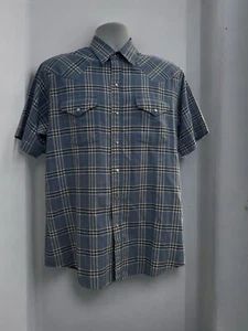 Ely Cattleman Cotton Blend Blue Plaid Short Sleeve Shirt Size Large Pearl Snap - Picture 1 of 4
