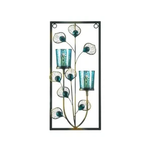 Blue Iron Glass Two Plastic Peacock Candle Wall Sconce Home Decor - Picture 1 of 3