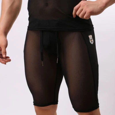 Boxer uomo rete pantaloncini intimo pantaloni sportivi palestra giunture trasparente gamba lunga sexy - Immagine 1 di 4