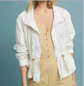 By ANTHROPOLOGIE ~ Chaqueta Anorak Blanco Ojales Talla Grande - Imagen 1 de 14