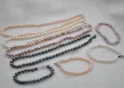 4 sets Genuine Natural 7-8mm Freshwater Pearl Necklace Bracelet Set 18'' 7.5'' - Image 1 of 3