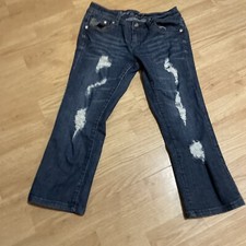 Grace in LA Women's Size 7  blue Stretch Denim Capri Jeans crystals embroidered