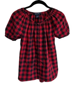 Polo Ralph Lauren Top Blouse Size 12 Black Red Plaid Gingham - Picture 1 of 6