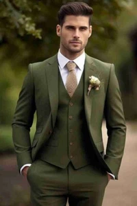 Traje de tres piezas verde caqui para hombre - Elegante atuendo formal para bodas Blazer - Imagen 1 de 6