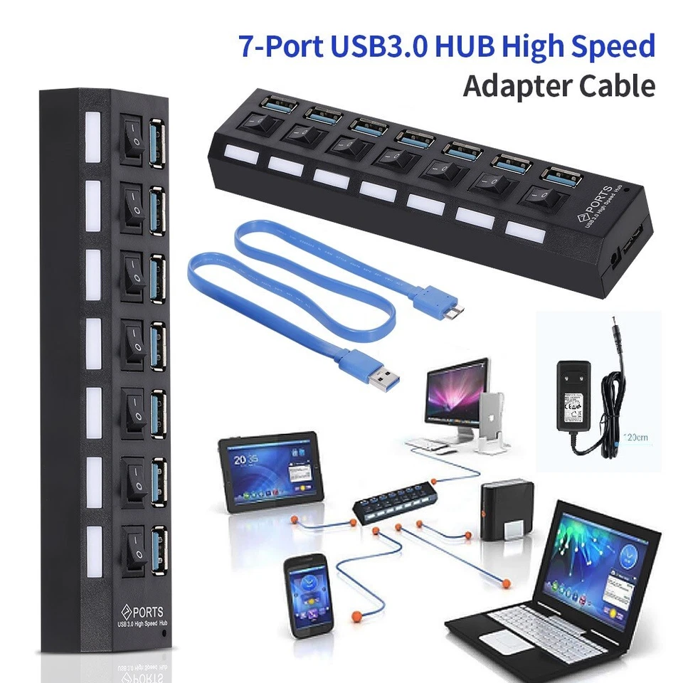 Hub USB 3.0 7 porte esterno con alimentatore multiprese slot per PC notebook mac - Immagine 1 di 4