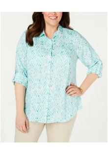 Charter Club PLUS SIZE Button Front Roll Tab Sleeve Seahorse NWT Blouse 1X - Picture 1 of 3